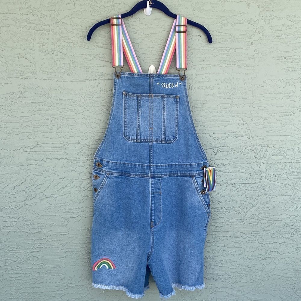 Pride Adult Rainbow Shortalls Overalls Light Wash NWT Sz M